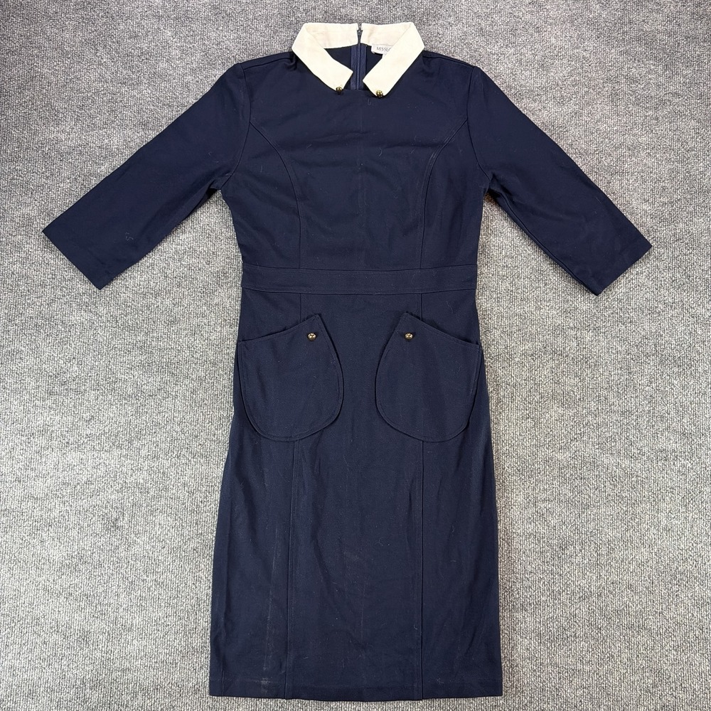 Misslook Navy Blue Peter Pan Collar Sheath Dress 3/4 Sleeve Size 8 Trad Office